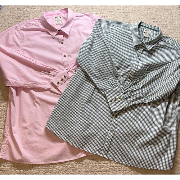 Ariat Women’s Long Sleeve Button Up Shirt Lot 3X Pink Pinstripe Green Plaid West - Picture 1 of 11